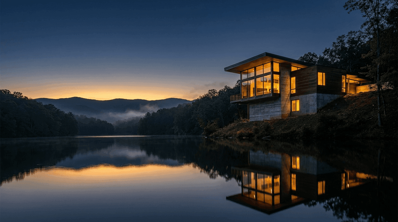 A finished Bihn Construction lakeside residence at dusk